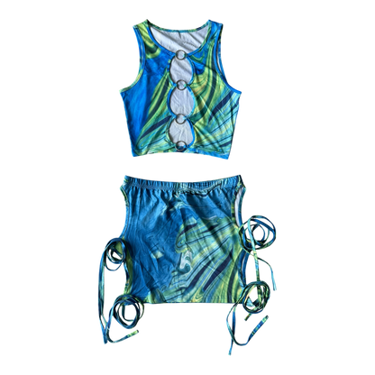 Marbled Blue Ring-Cutout Two-Piece Se