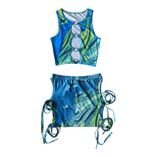 Marbled Blue Ring-Cutout Two-Piece Se