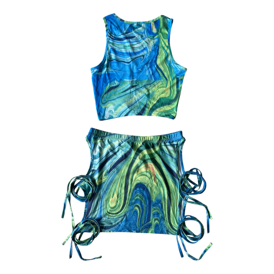Marbled Blue Ring-Cutout Two-Piece Se