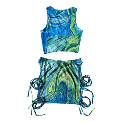 Marbled Blue Ring-Cutout Two-Piece Se